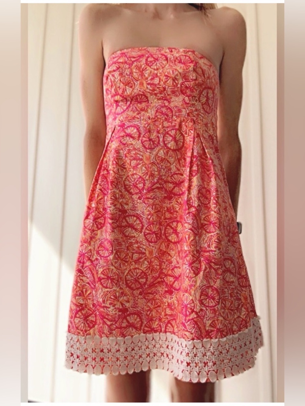 Lilly Pulitzer Betsy Pink/ Orange Strapless Summer Dress with Bicycle print
